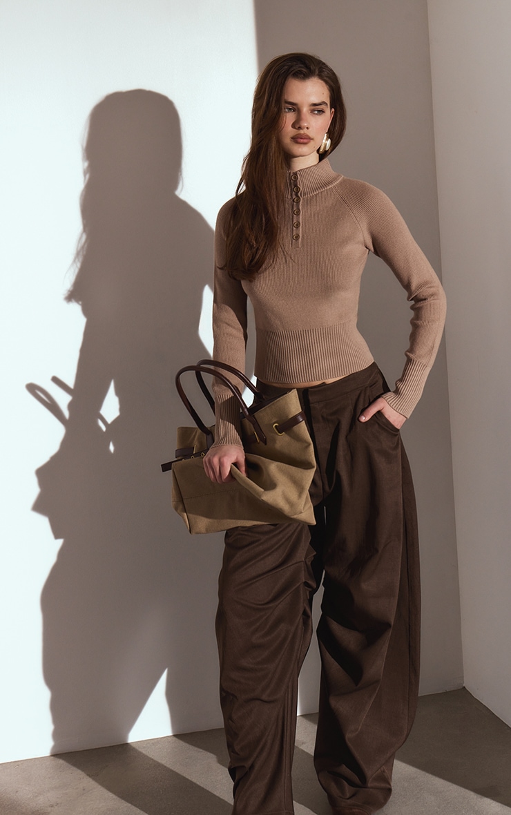 Dark Chocolate Woven Pleated Barrel Leg Trousers image 4