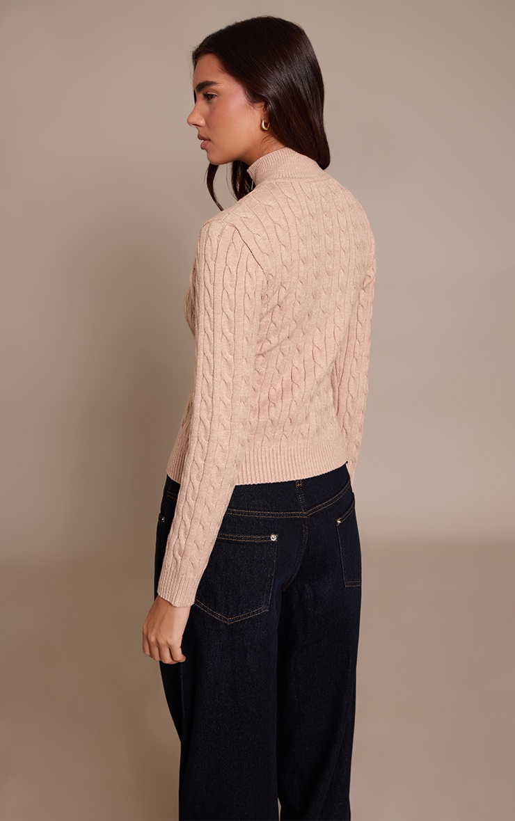 Oatmeal Cable Knit Long Sleeve Zip Up Sweater image 2