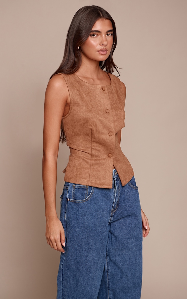 Tan Faux Suede Popper Detail Vest