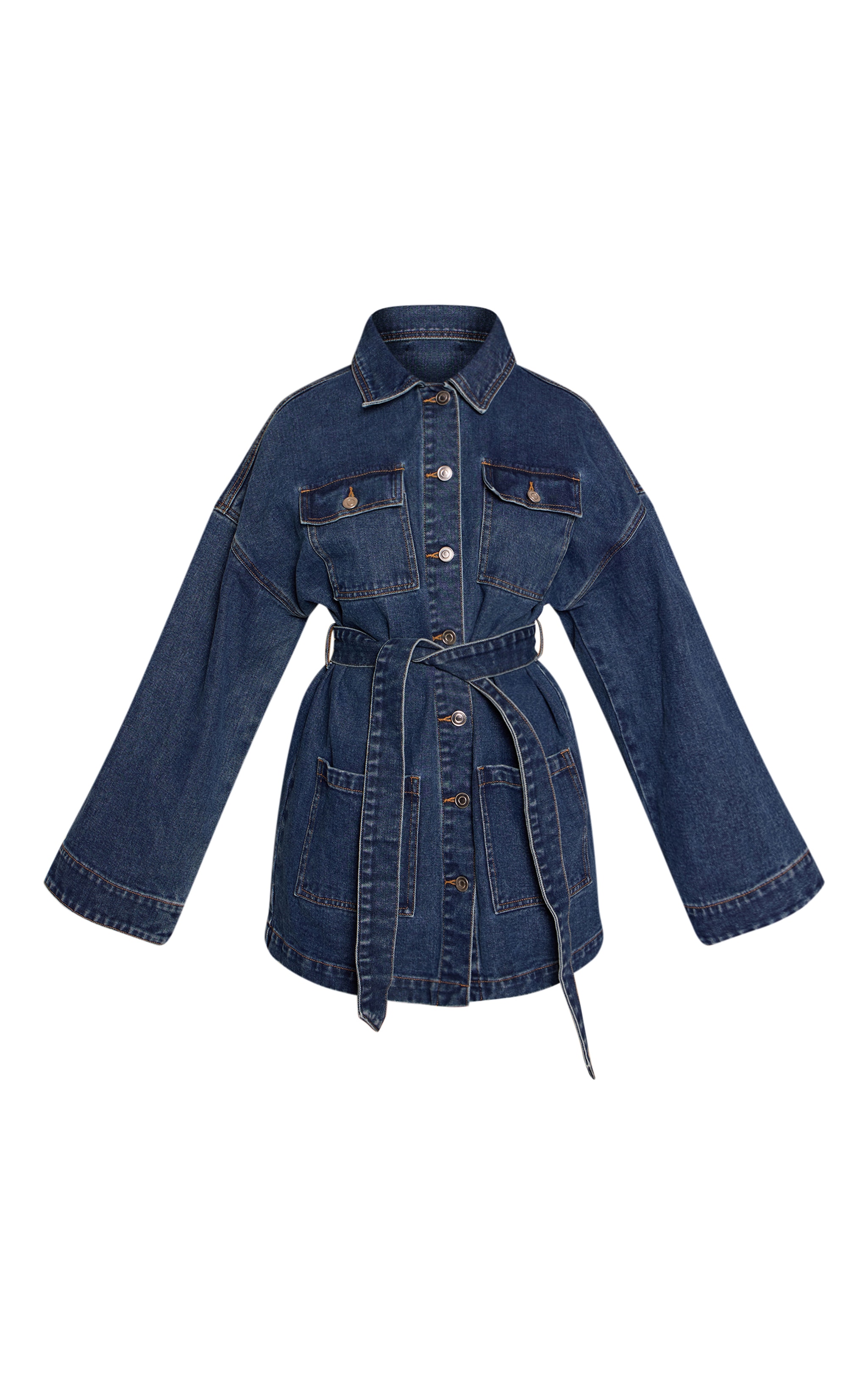 Petite Mid Blue Utility Pocket Tie Waist Denim Dress image 5