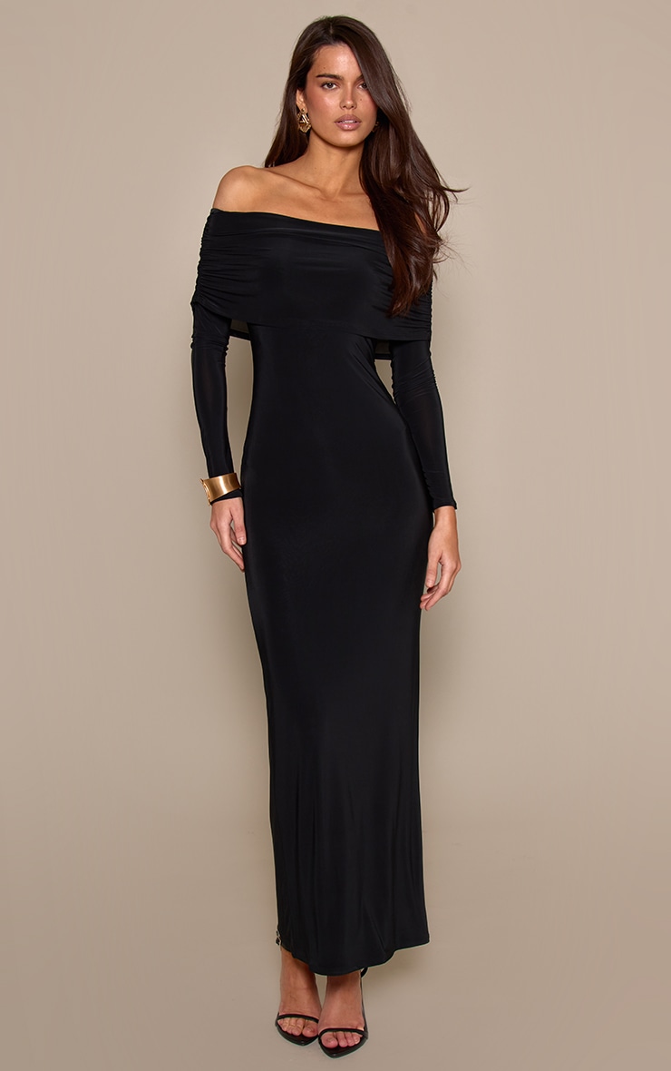 Black Double Layer Slinky Bardot Maxi Dress