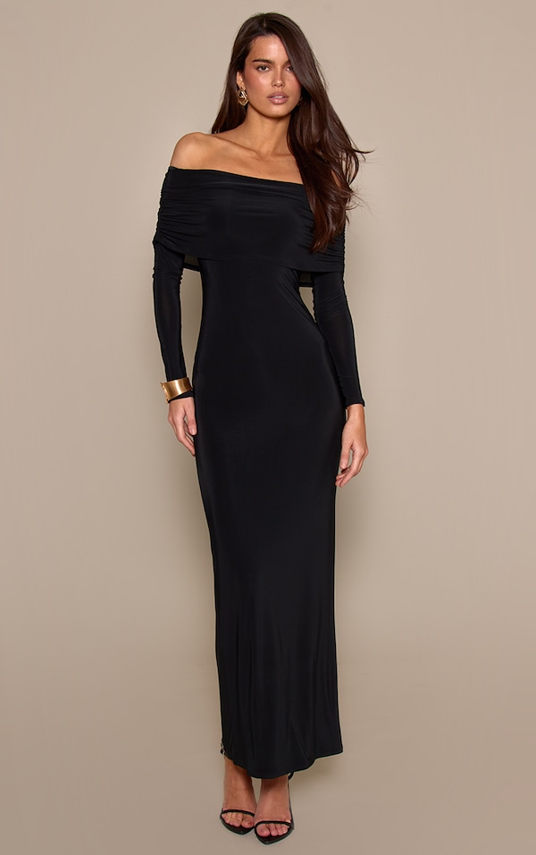 Black Double Layer Slinky Bardot Maxi Dress