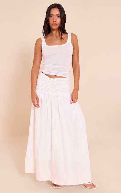 White Cotton Poplin Ruched Dropped Waist Maxi Skirt