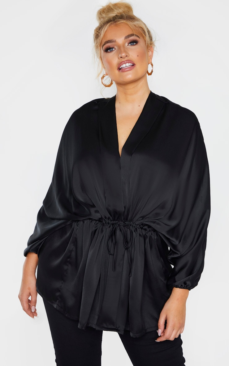 Plus Black Textured Woven Tie Waist Blouse