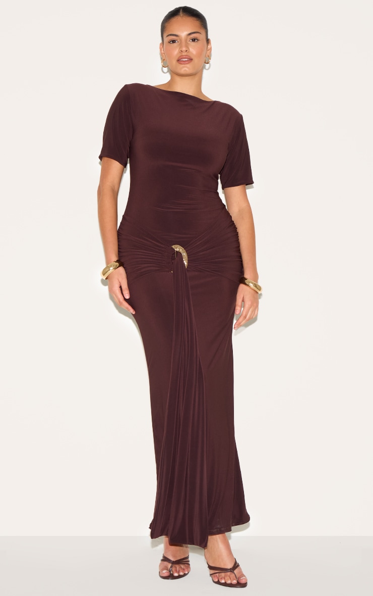 Plus Chocolate Boat Neck Wrap Waist Detail Maxi Dress image 1