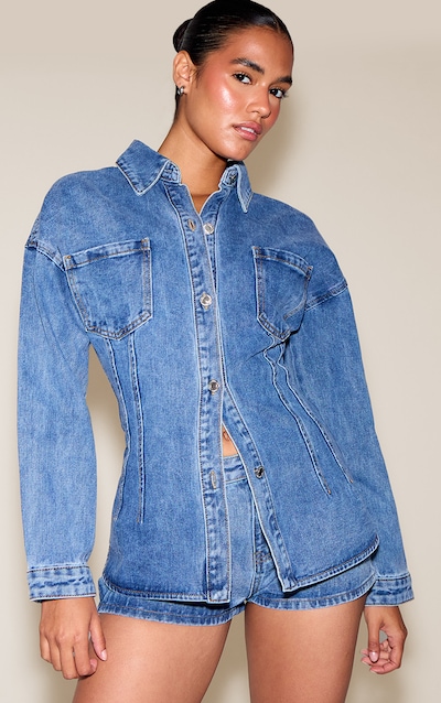 Chemise longue en jean bleu moyen délavé à coutures contrastantes et taille cintrée