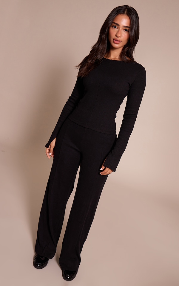 Petite Black Seam Detail Wide Leg Pants