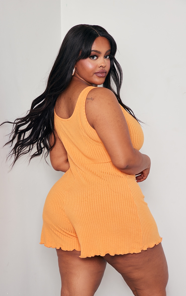 Plus Orange Rib V Neck Floaty Romper image 2
