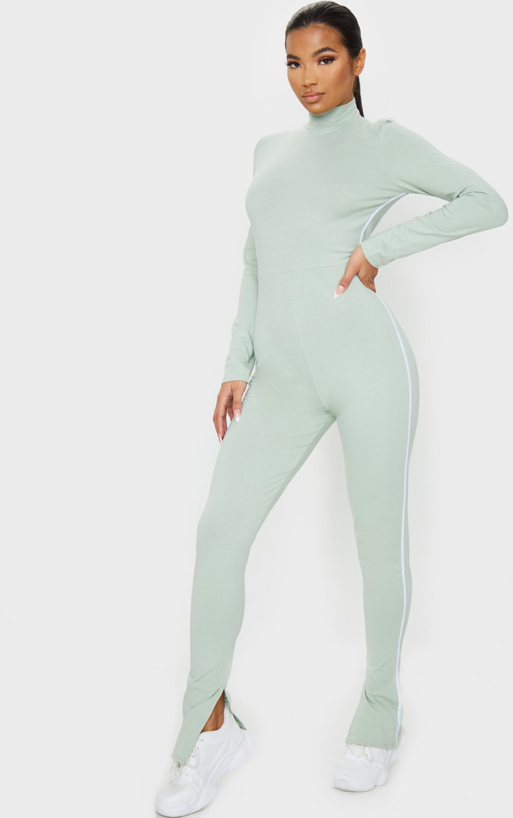 Sage Green Sports Stripe High Neck Jumpsuit