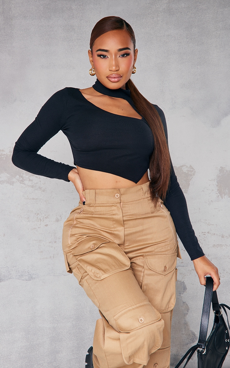 Shape Black Rib High Neck Cut Out Curved Hem Crop Top