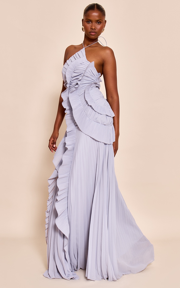 Blue Grey Pleated Frill Halterneck Maxi Dress image 3