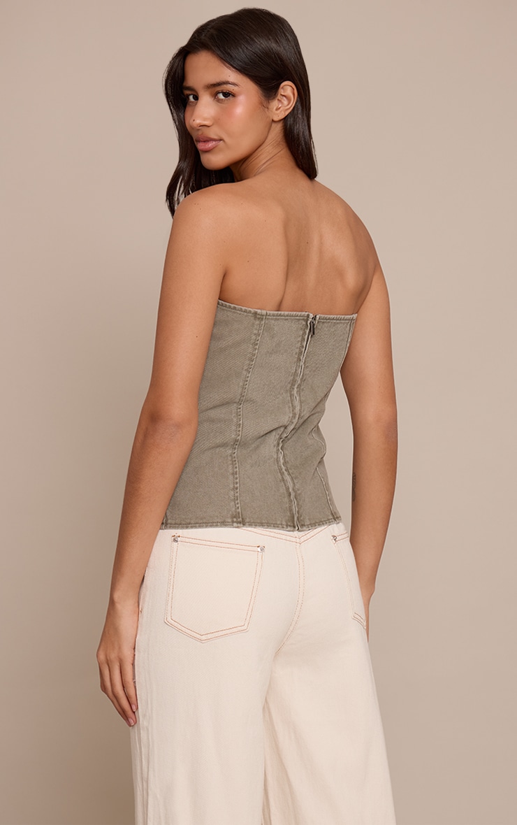 Tall Washed Khaki Strapless Bustier Detail Denim Corset Top image 2