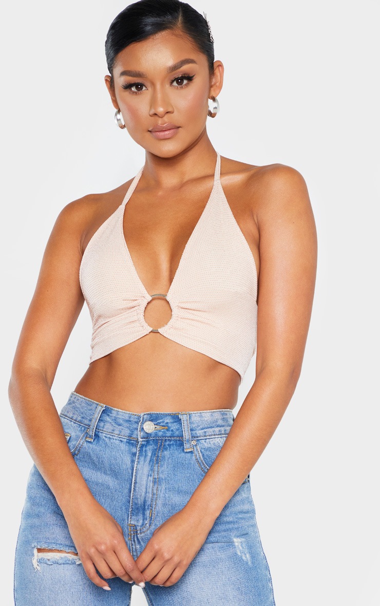 Bralette décolletée à paillettes texturées nude et détail anneau