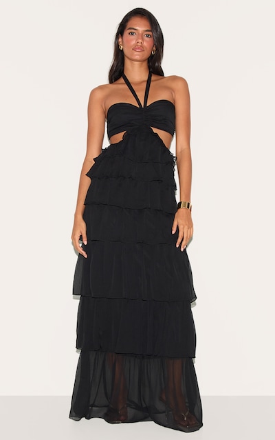 Robe mi-longue Noire Froncée à Volants