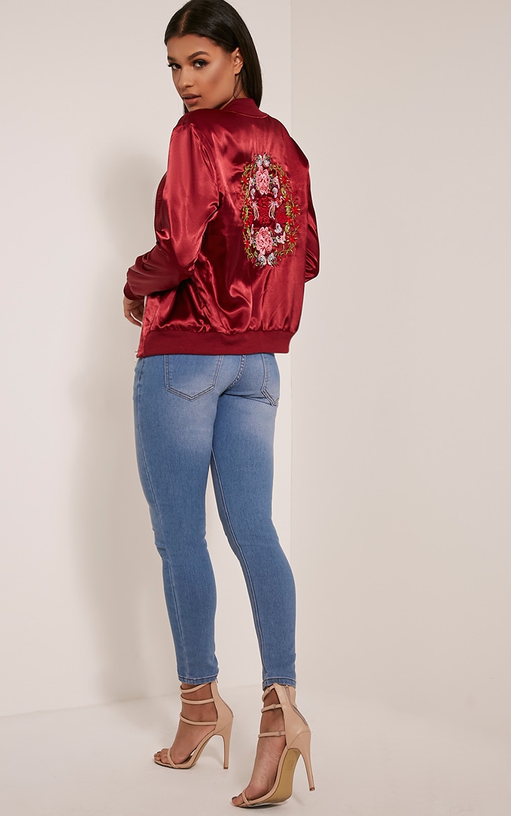 Tonia Red Satin Oriental Embroidered Bomber Jacket PrettyLittleThing