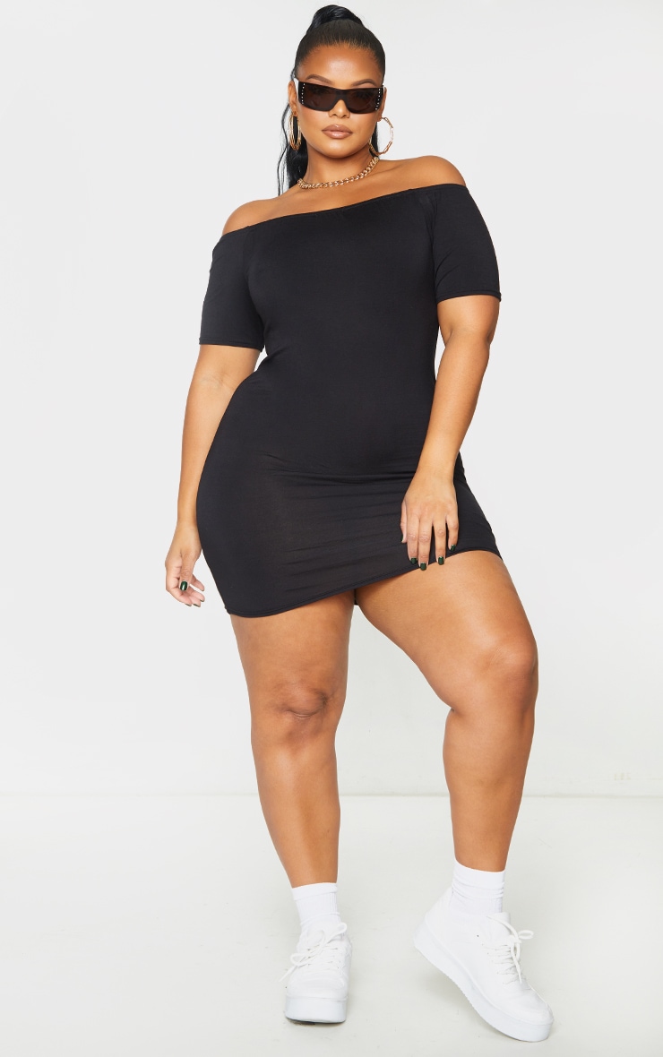 Plus Basic Black Short Sleeve Bardot Bodycon Dress image 4