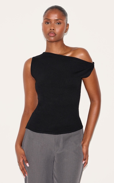 Black Basic Knit Asymmetric Hem Twist Sleeve Vest Top