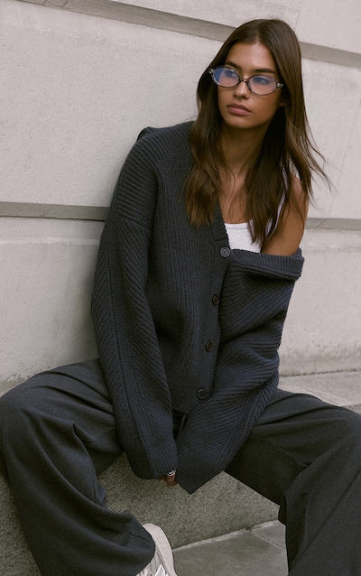Charcoal Grey Thick Knit Oversized Button Through Cardigan