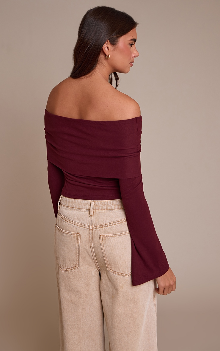 Wine Ultra Soft Deep Foldover Bardot Long Sleeve Top  image 2