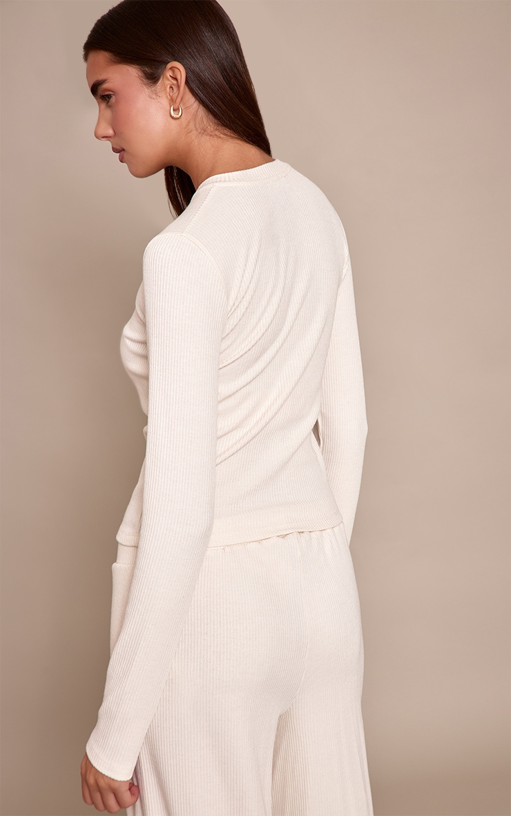 Cream Rib Long Sleeve Button Up Fitted Cardigan image 2
