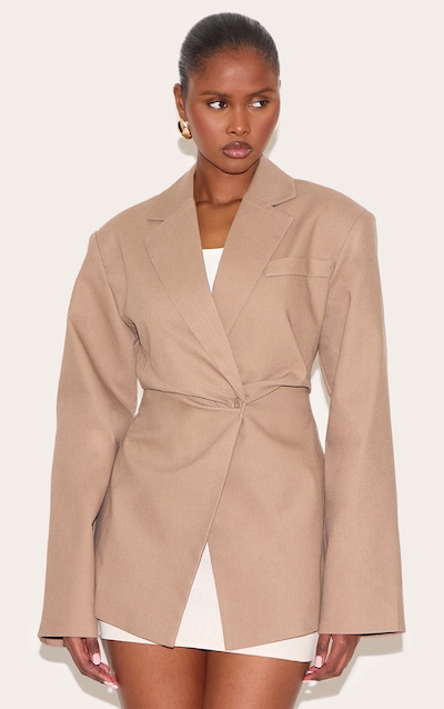 Blazer de tailleur en effet lin taupe à taille cintrée