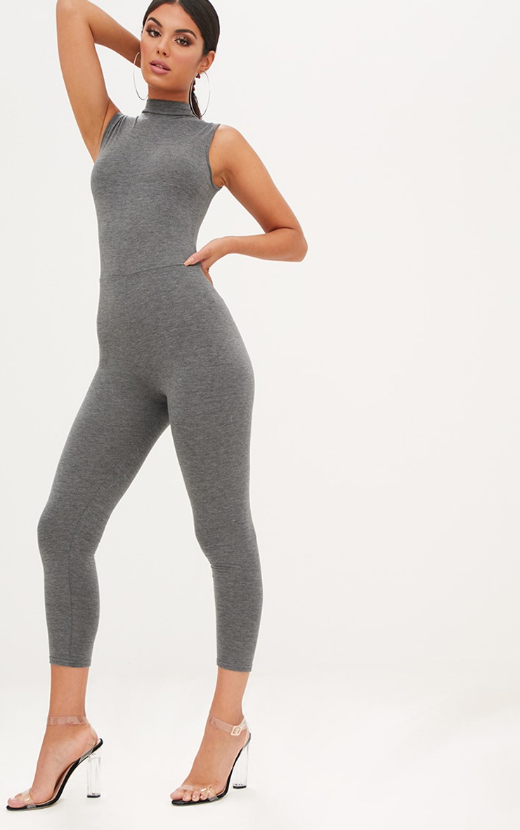 Charcoal Marl Jersey High Neck Jumpsuit. Jumpsuits PrettyLittleThing