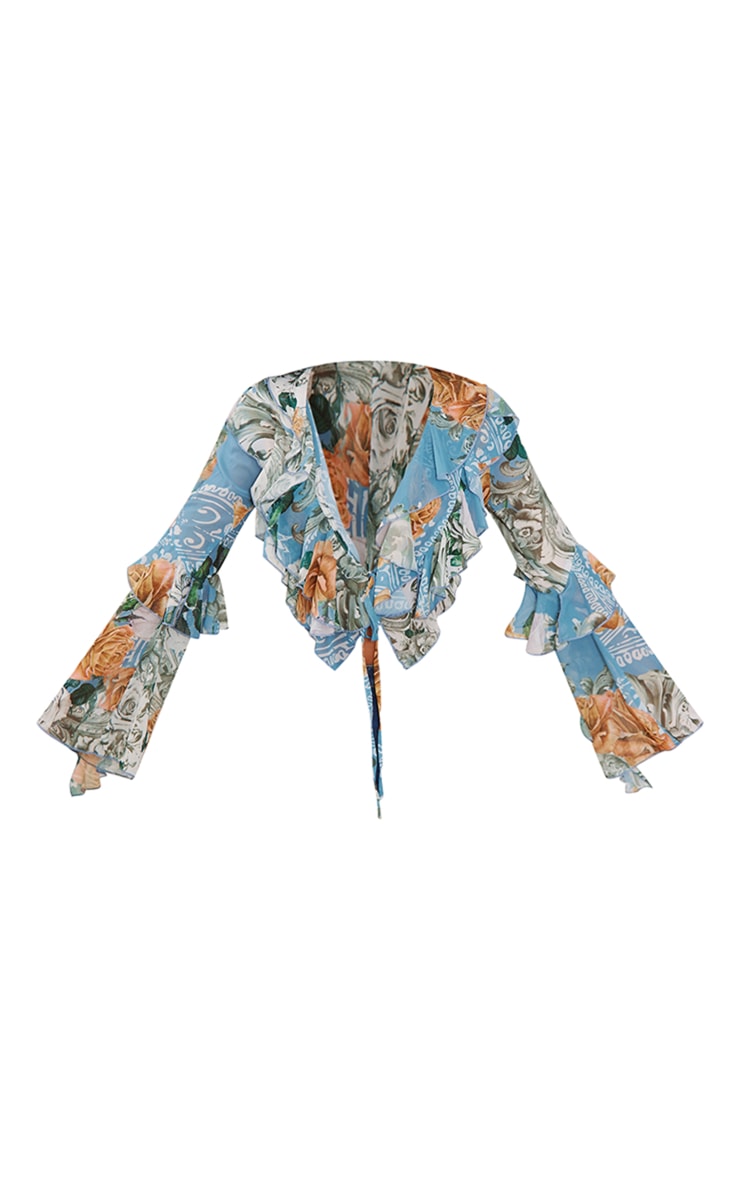 Blue Floral Extreme Frill Tie Flare Sleeve Blouse | Tops