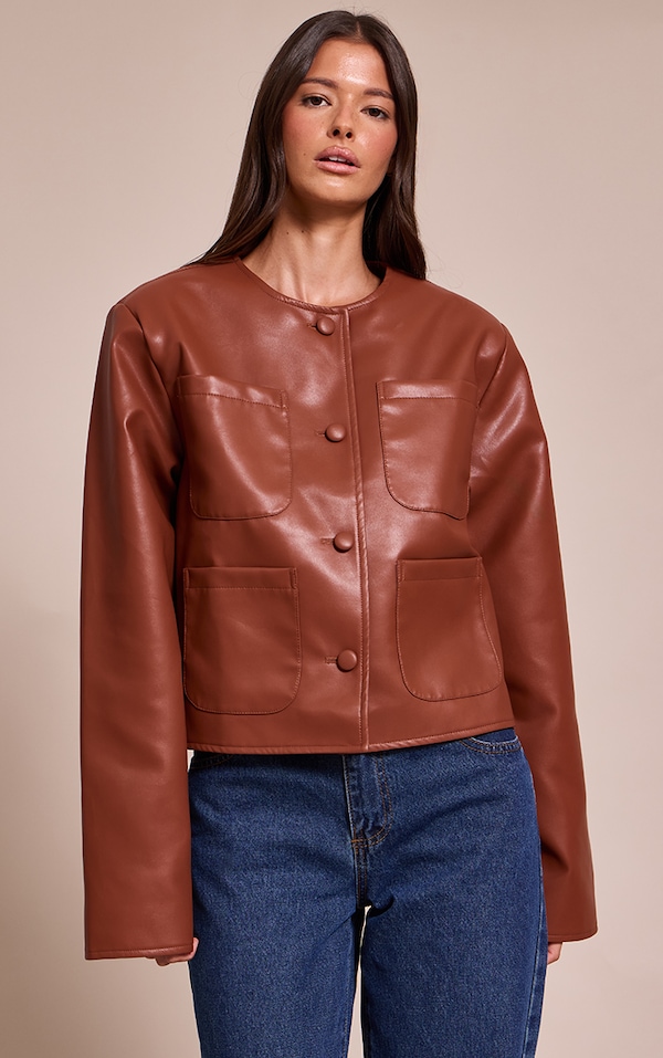 Tan Pocket Detail Faux Leather Jacket