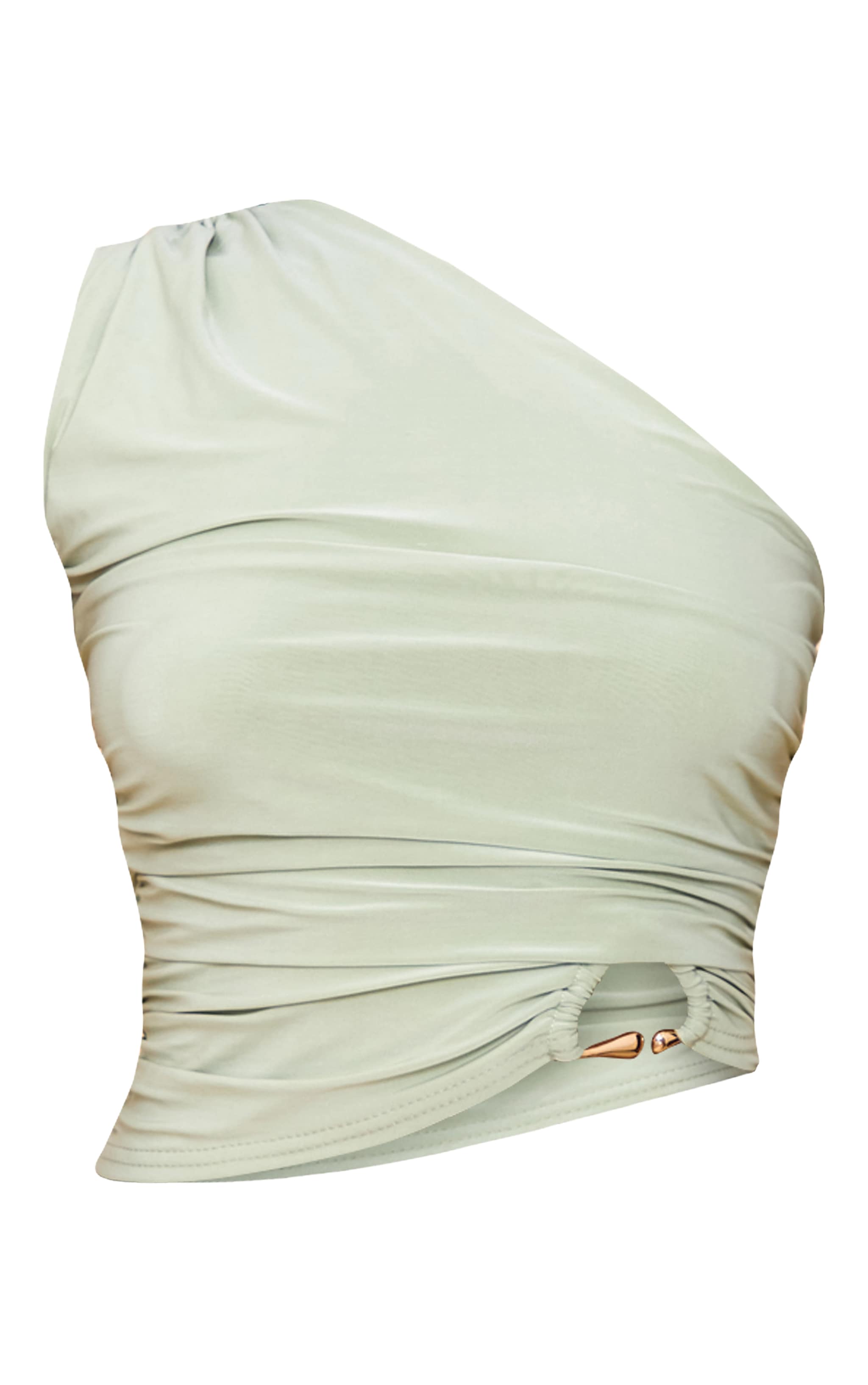 Mint Double Layer Slinky One Shoulder Trim Detail Crop Top image 5