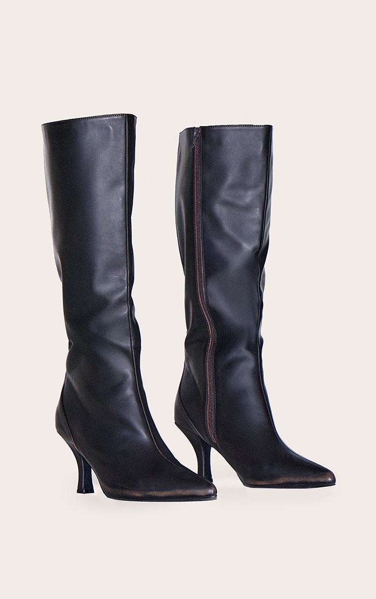 Black Burnish Wide Fit Pu Point Toe High Stiletto Heel Knee High Boots image 2