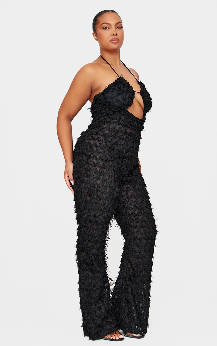 Plus Black Sheer Feather Lace Up Detail Jumpsuit image 3