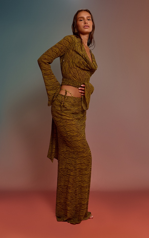 Olive Zebra Printed Chiffon Low Rise Maxi Skirt