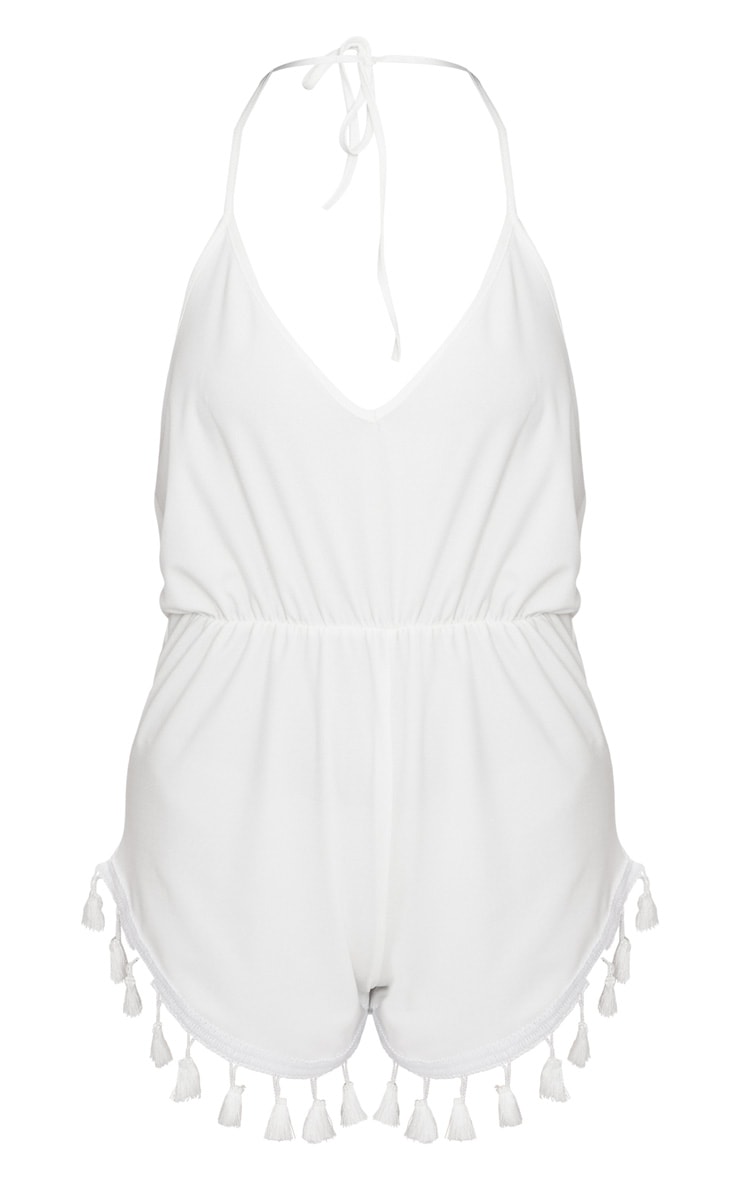 White Tassel Hem Detail Halterneck Playsuit image 5