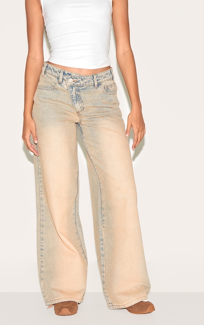Stone Washed Asymmetrical Waistband Wide Leg Jeans