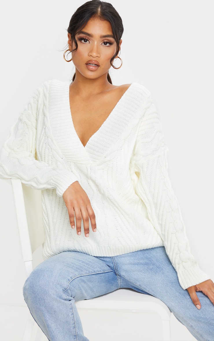 Cream Deep V Oversized Cable Knit Jumper