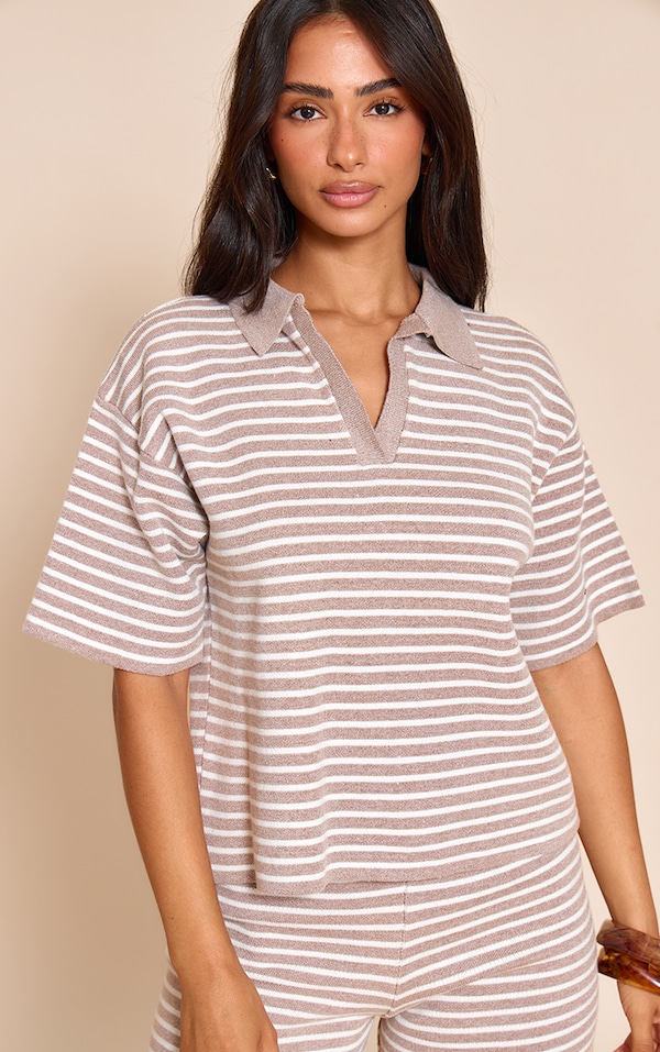 Petite Taupe Stripe Knitted Oversized Collared Top