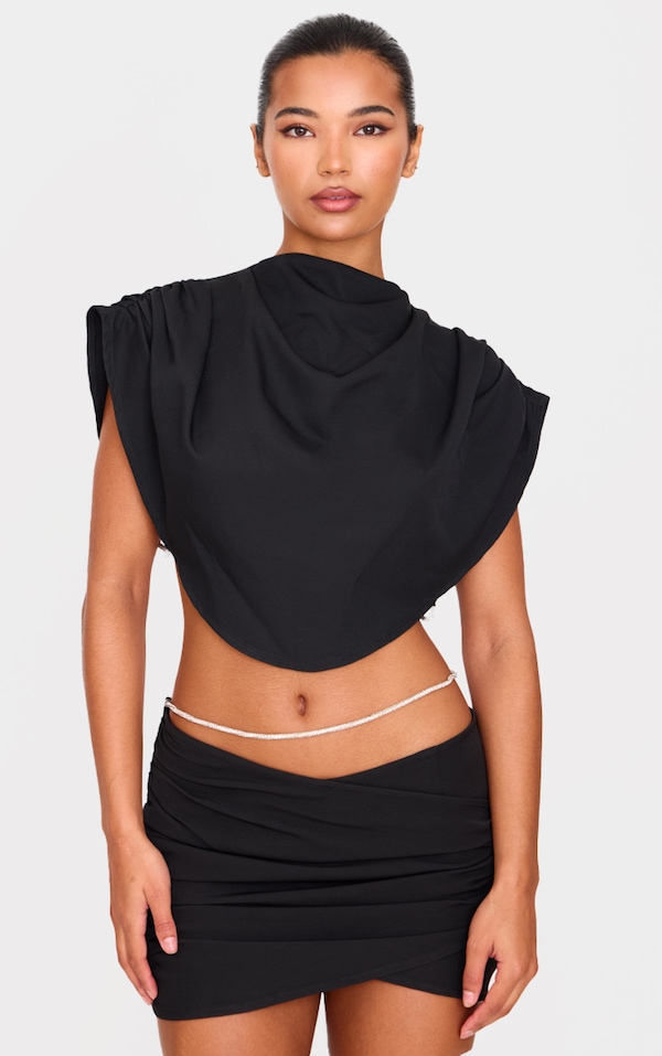 Black Woven Diamante Draped Front High Neck Top