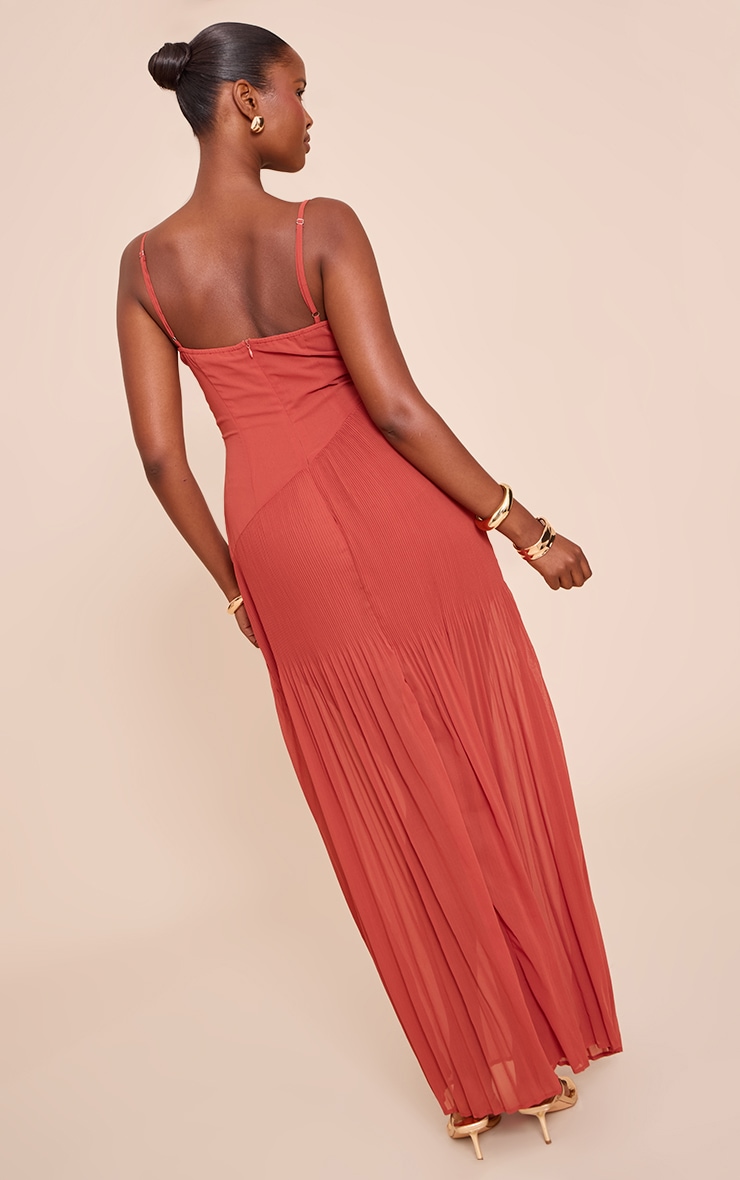Burnt Orange Woven Pleated Hem Detail Spaghetti Maxi Dress image 2