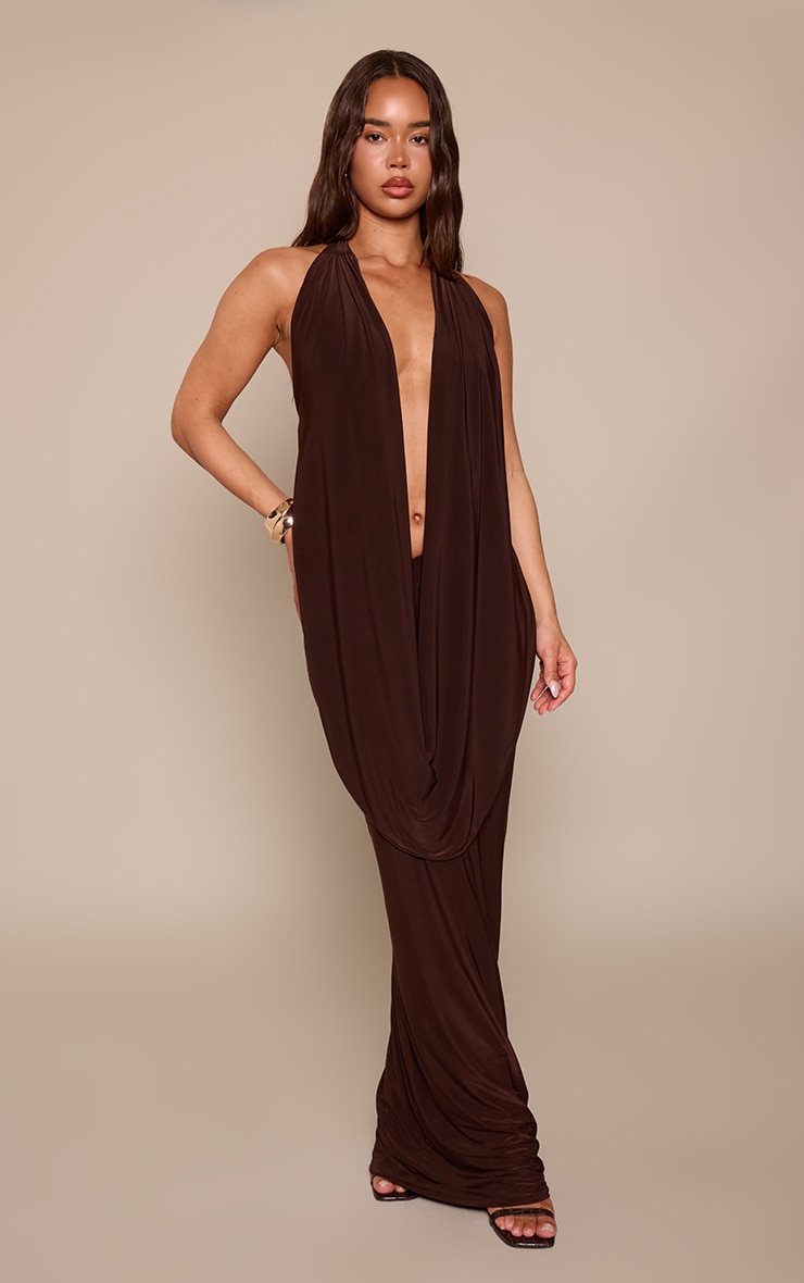 Chocolate Double Layer Slinky Cowl Neck Maxi Dress