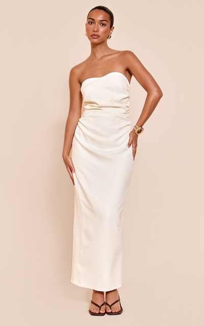 Robe de tailleur bustier mi-longue tissée blanche froncée