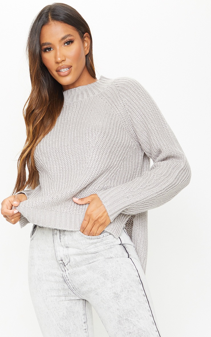 Grey Soft Knit Balloon Sleeve Funnel Neck Sweater