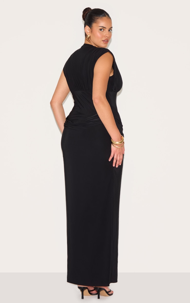 Plus Robe longue doublée noire décolletée à épaules froncées et taille drapée image 2
