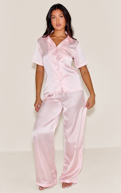 Pink Satin Short Sleeve Long Pj Set