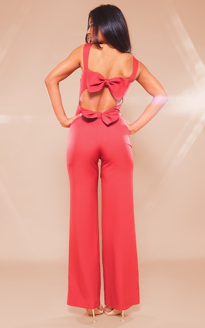 Red Woven Cut Out Bow Detail Jumpsuit