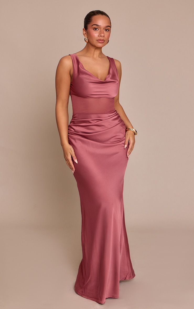 Shape Burgundy Satin Mesh Panel Cowl Neck Maxi Dress image 1