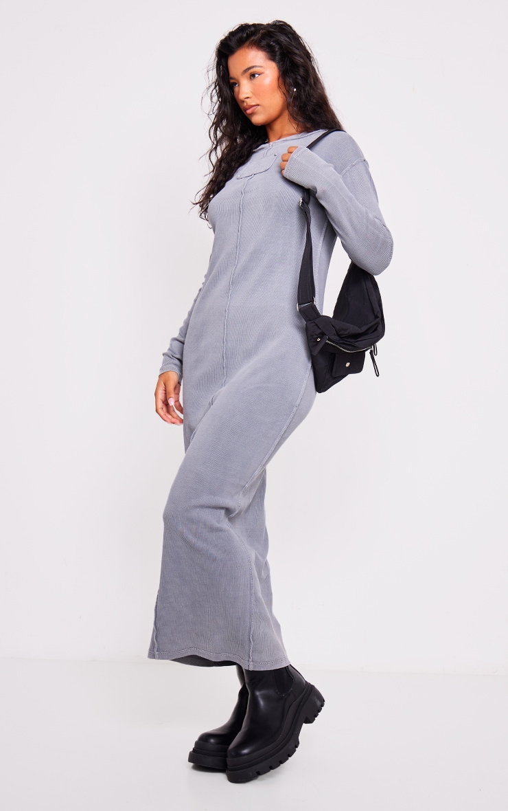 Grey Ribbed Exposed Seam Long Sleeve Maxi Dress image 3