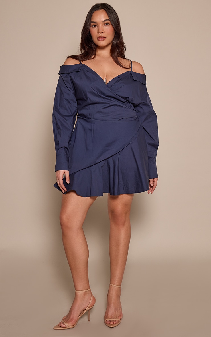 Plus Navy Off The Shoulder Asymmetric Shirt Dress image 3