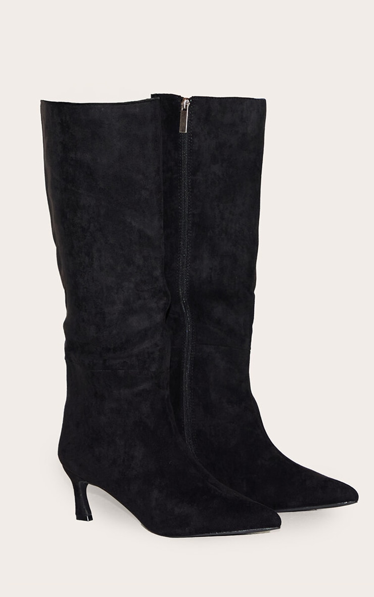 Black Faux Suede Point Toe Low Heeled Knee High Boots image 2