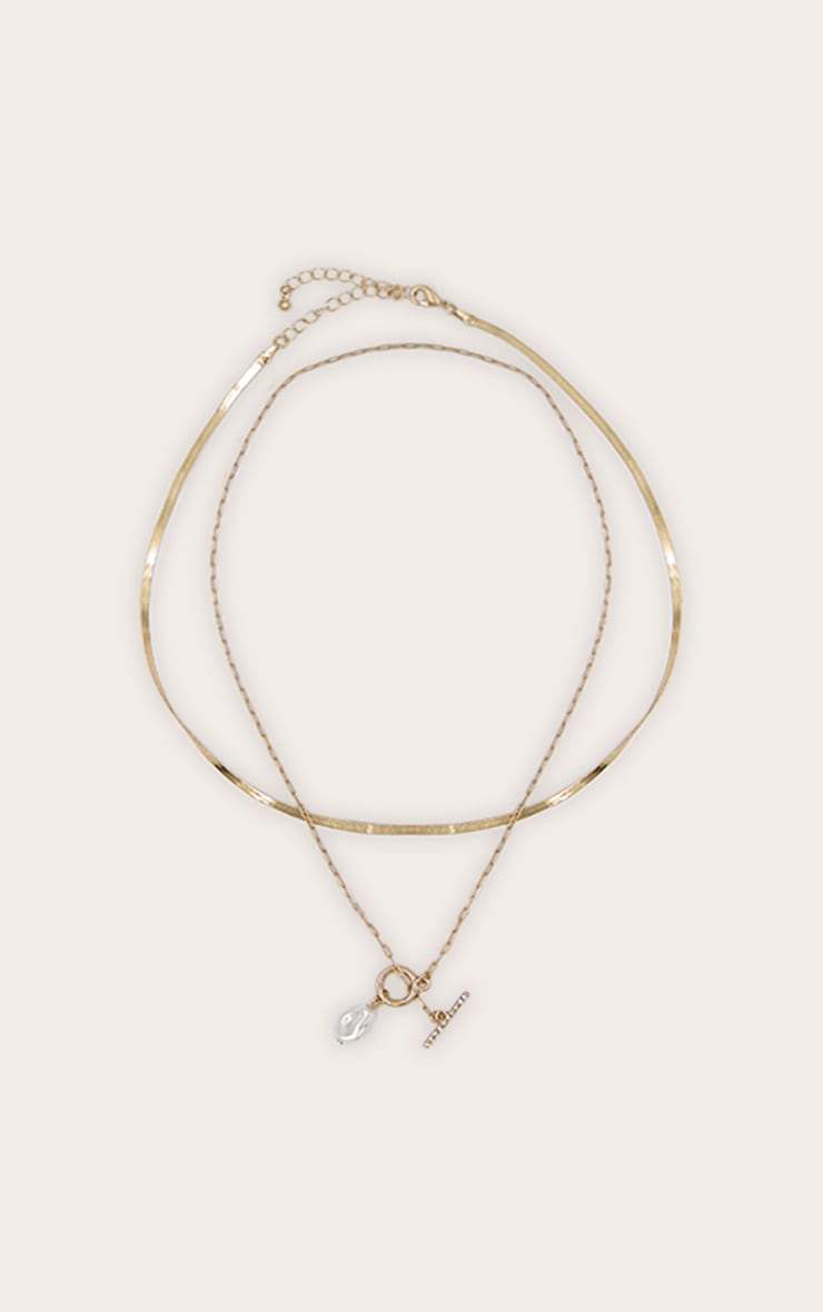 Gold Layered T-Bar Necklace With Pearl Detail image 3