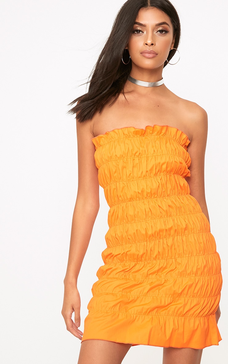 Bright Orange Cotton Ruched Bodycon Dress. Dresses PrettyLittleThing